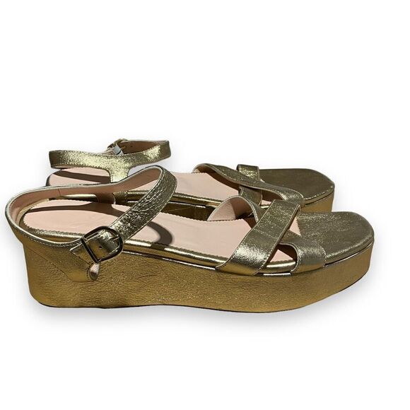 J Crew Shoes Women’s 11 Gold Platform sandals metallic leather Ankle Strap BK489 - Picture 2 of 10